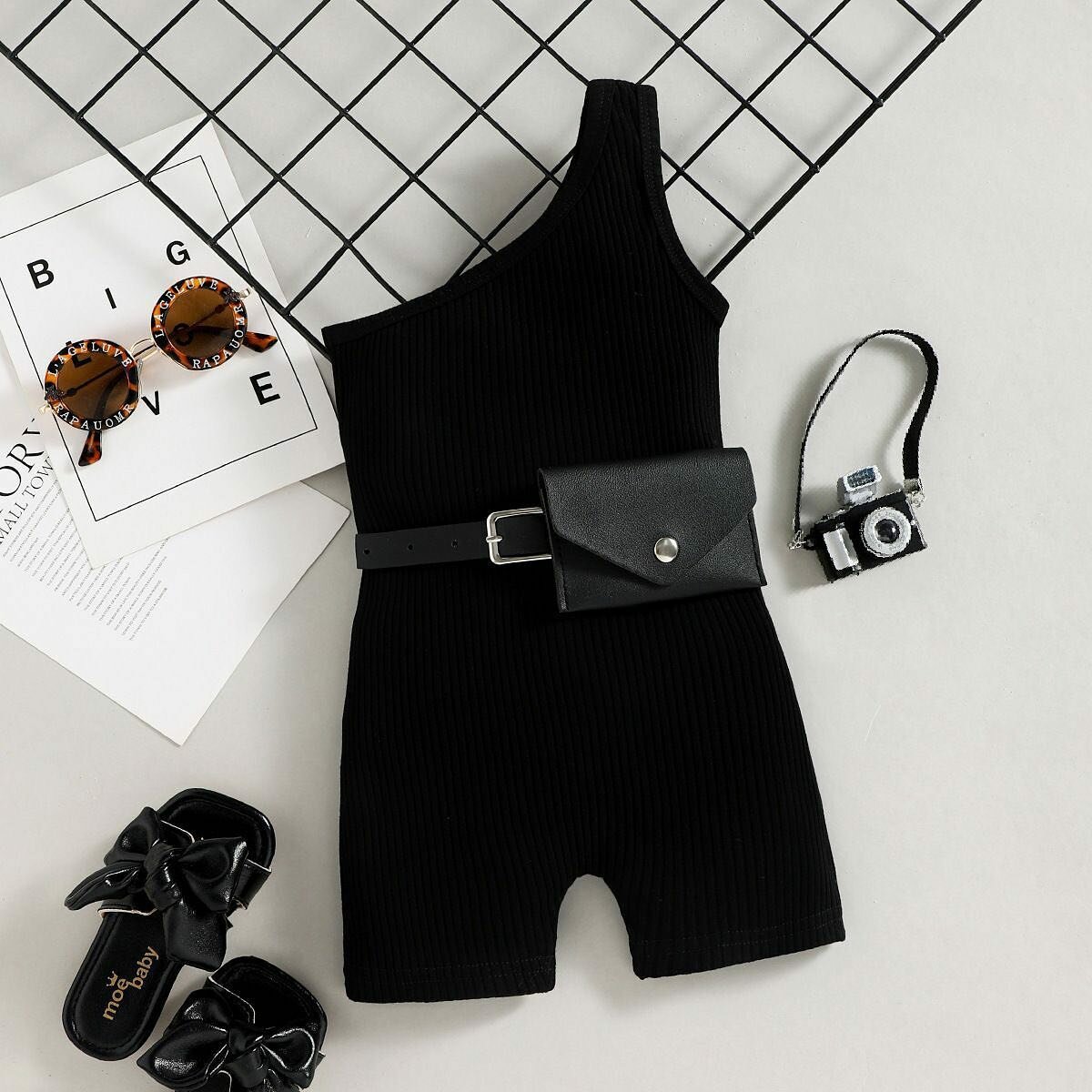 One-Shoulder Black Romper with Belt Bag