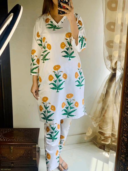 2 Pc woman's Stitched linen Printed Shirt and Trouser