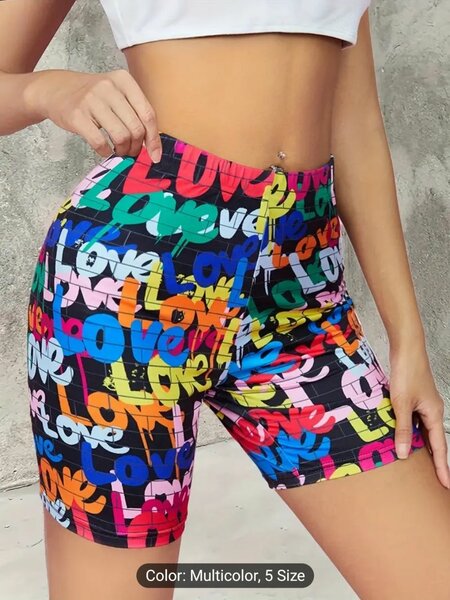 Letter Print Skinny Stretchy Shorts, Casual High Waist Short