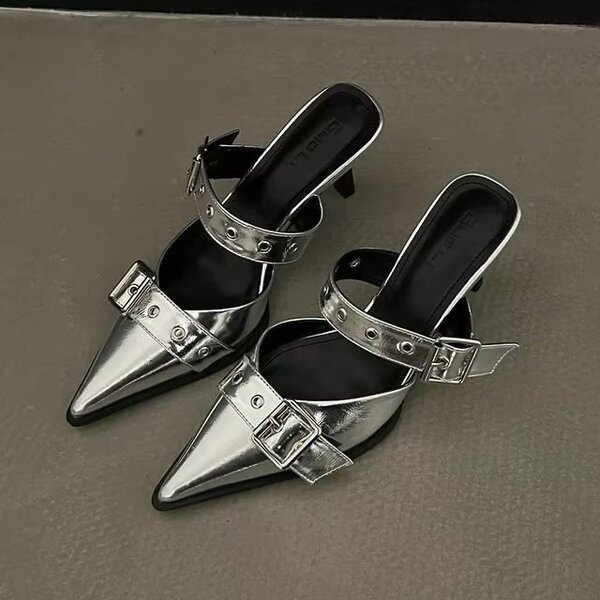 Pointed toe heel sandals with belt buckle detail back