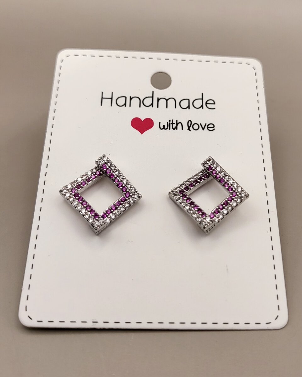 Square Silverand pink stone  Stud