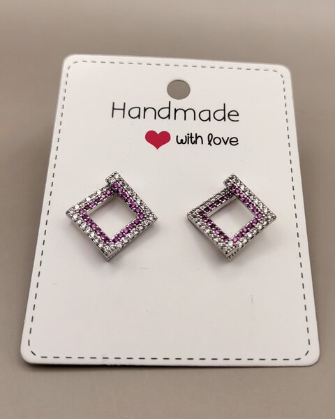Square Silverand pink stone  Stud