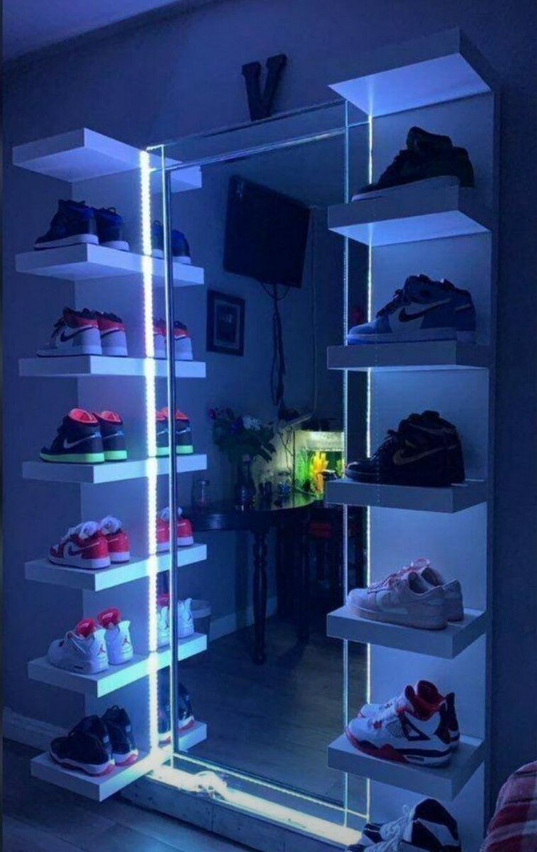 Floating shoe rack with mirror and LED light