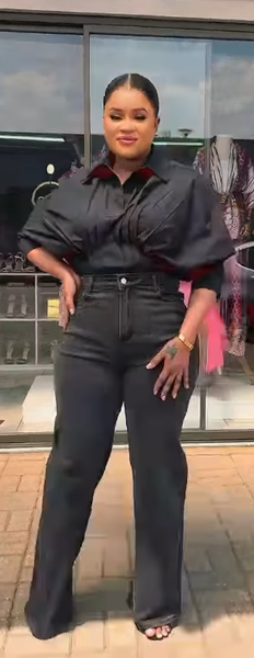 Women's jeans are dark grey