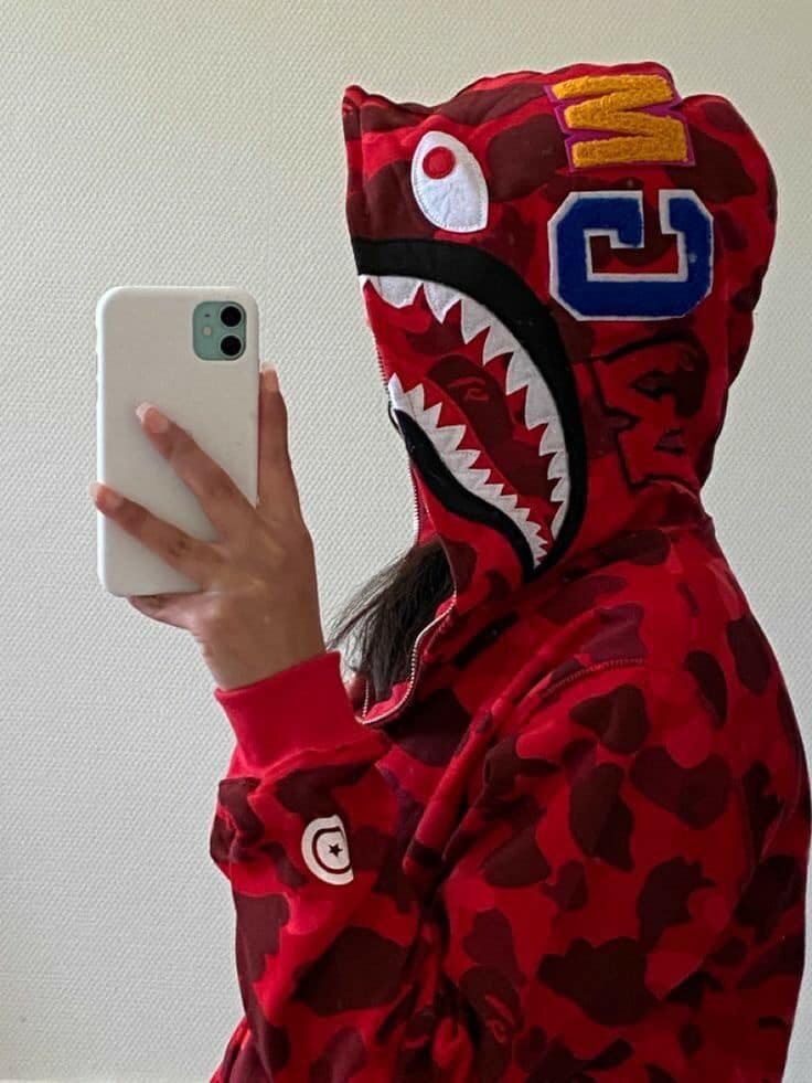 Red hoodie with camouflage print, shark-style hood and stripes, Unisex