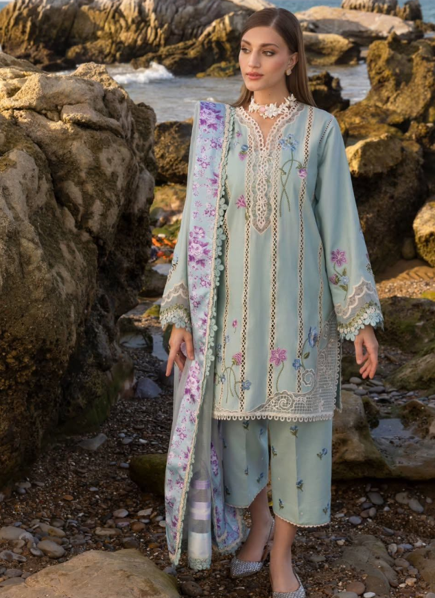 Blue suit with floral pattern and lace trim