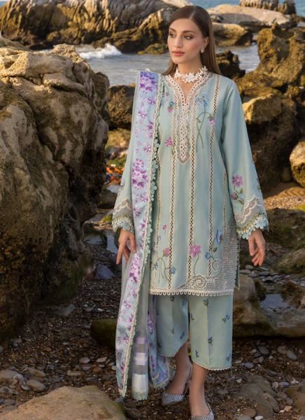 Blue suit with floral pattern and lace trim