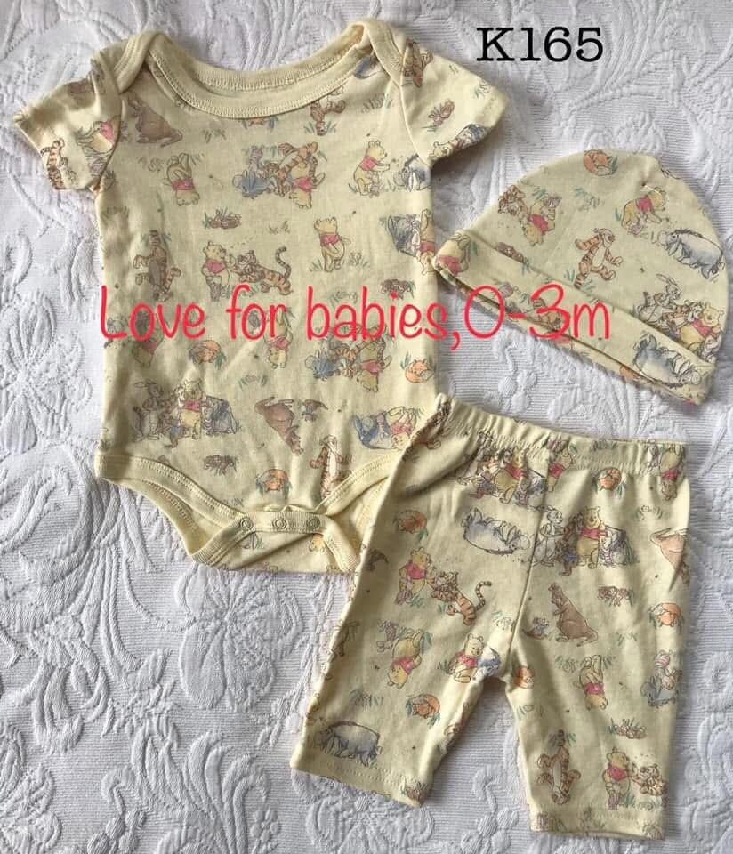 Set of bodysuit, pants, hat, beige with Winnie the Pooh characters 0-3m