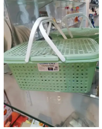 Premium Basket with Handle & Lid For Outdoor Carry - Top Quality Plastic Basket For Picnic & Travel - Carry Basket for Daily Use - Baby Clothes Basket (12 inch length 8 inch width 6 inch height)