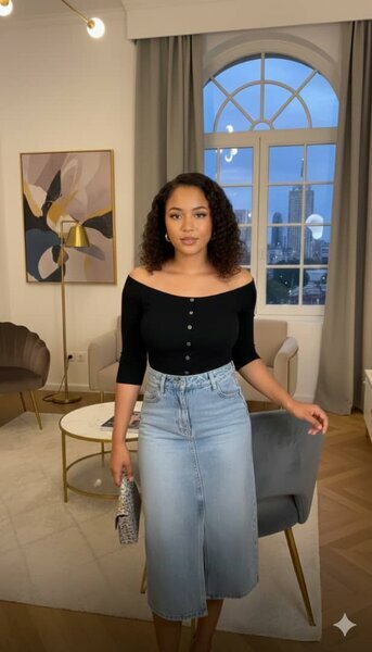 Top noir & jupe midi jean bleu