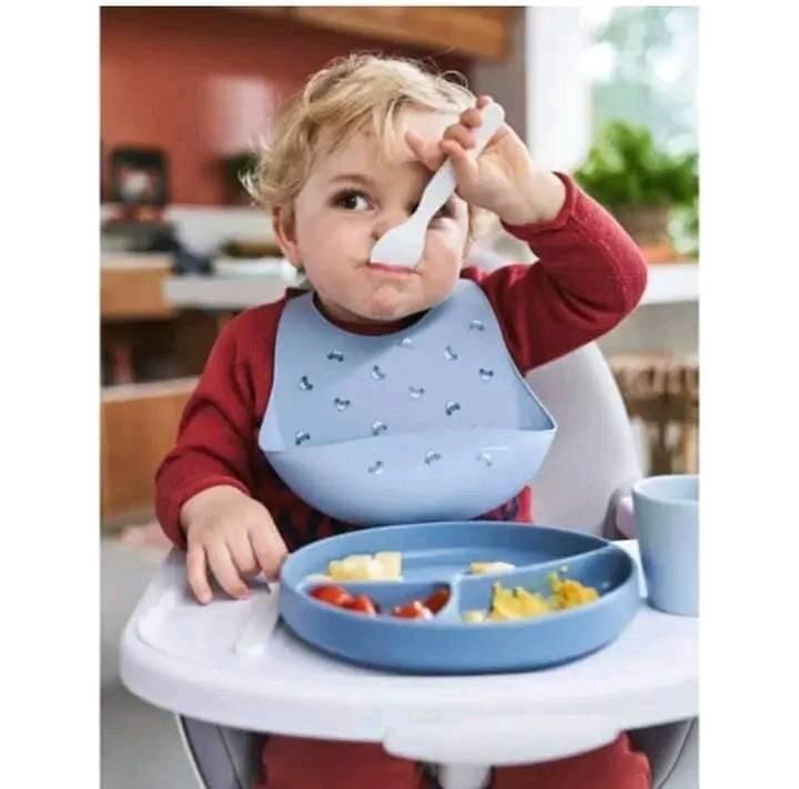 Ensemble assiette et bol en ventouse, bavoir en silicone  ,