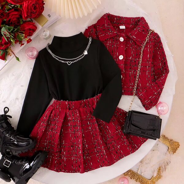 Ensemble chic fille tweed rouge