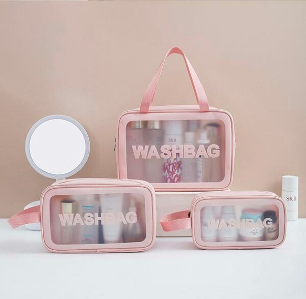 Lot de 3 sacs étanches de rangements composés de trousse de toilette de cosmétique, rose