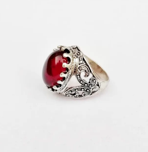 Invented Shiny Red Stone Romanian King Crown Style, No-Fade Silver Ring For Men