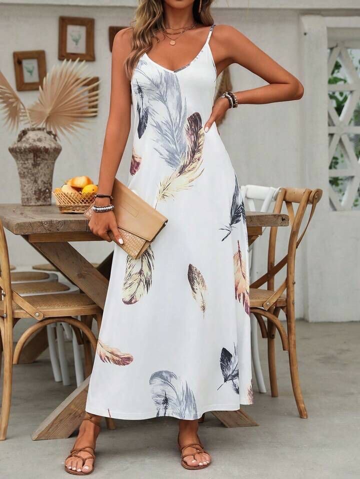 Robe longue à motifs plumes