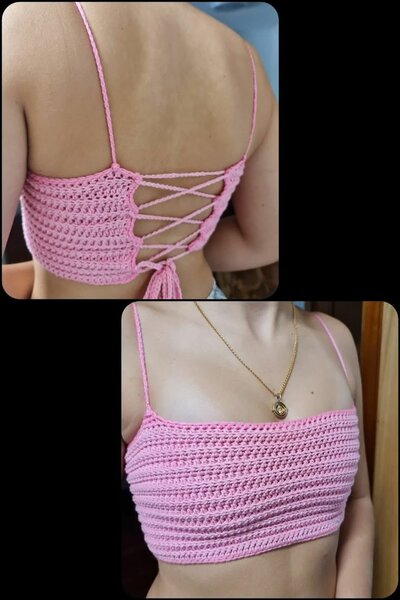 Top crochet rose femme