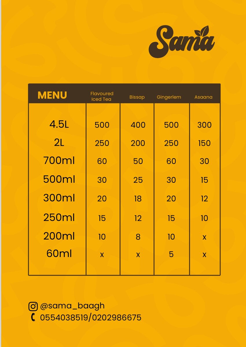 Local drinks (Sobolo, Asaana, Flavored iced tea &Gingerlem)