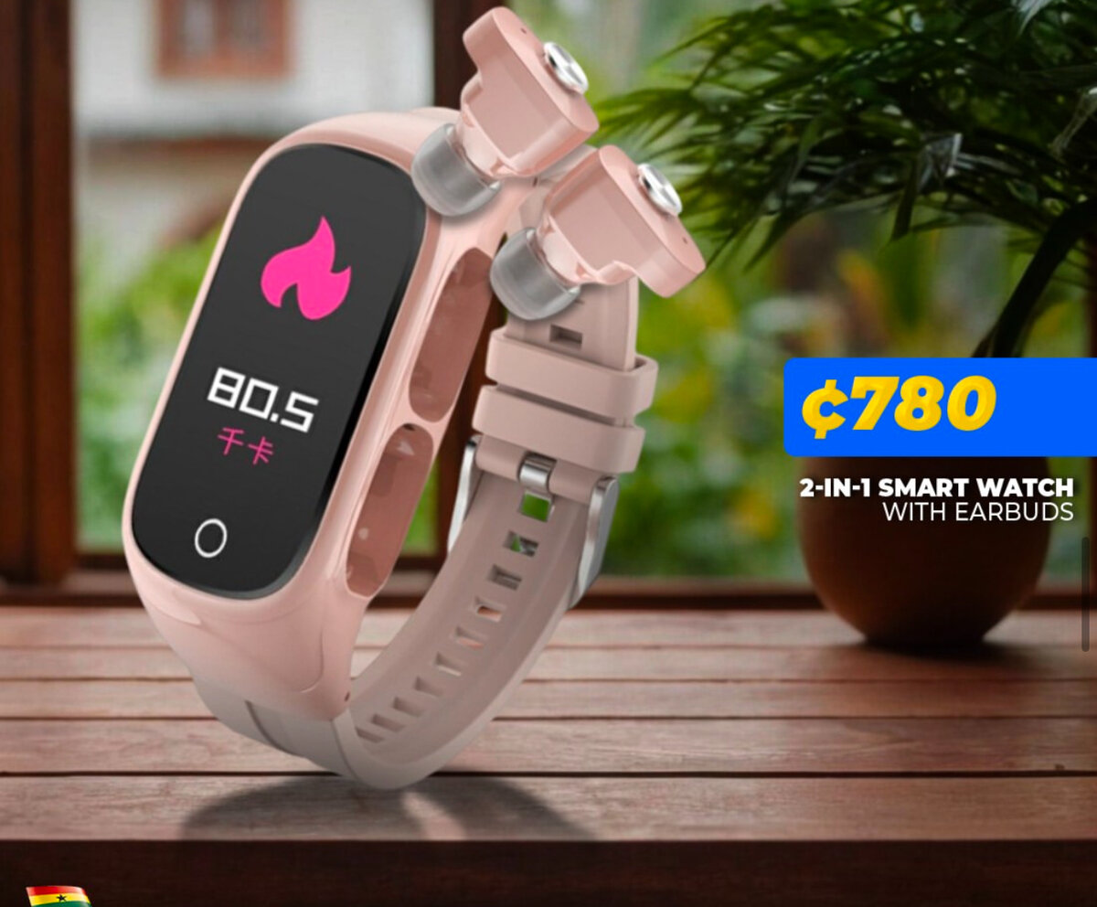 2 in 1 pink Smart Watch with Ear Buds