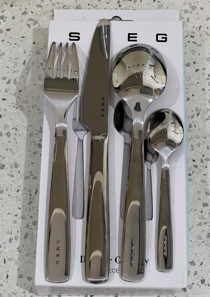 SMEG cutlery set, 4 pieces: fork, knife, tablespoon, teaspoon, stainless steel