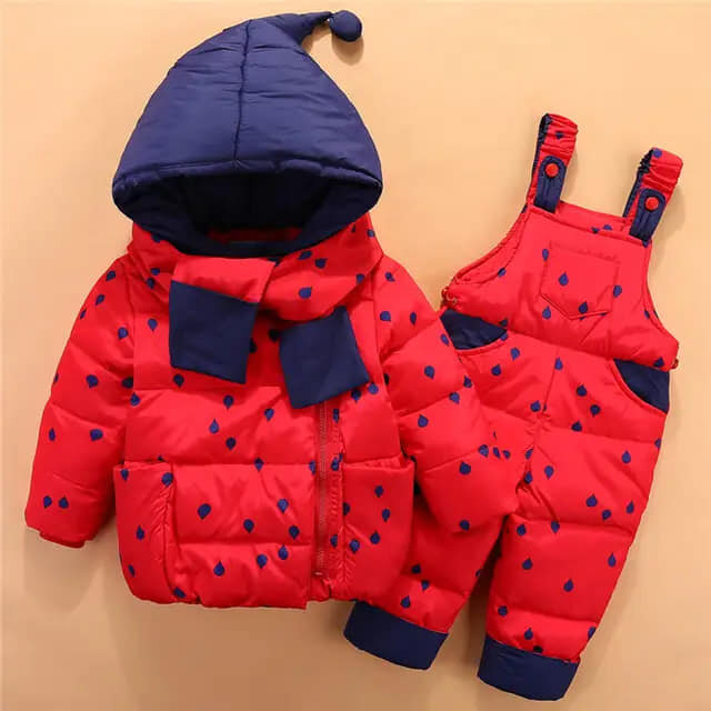 Set of jacket and overalls in red and blue colour