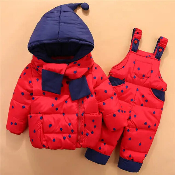 Set of jacket and overalls in red and blue colour