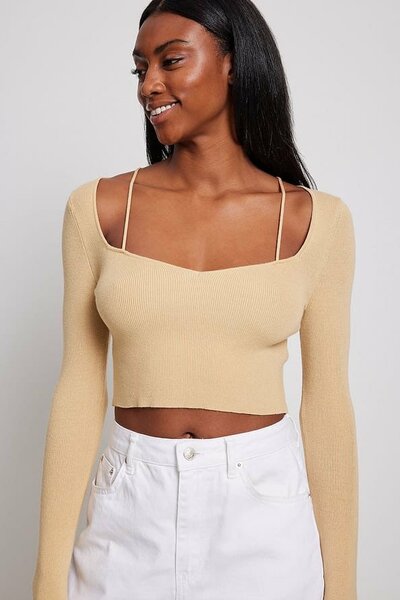 Beige Long Sleeve Strap Top