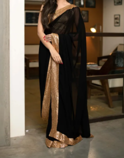 BLACK, GOLDEN, SAREE WITH GOLD SEQUIN BORDER WORK WITH BLOUSE ( Fabric Chiffion, Sequin, With Short Slvees, And Blouse Lenght 24 )