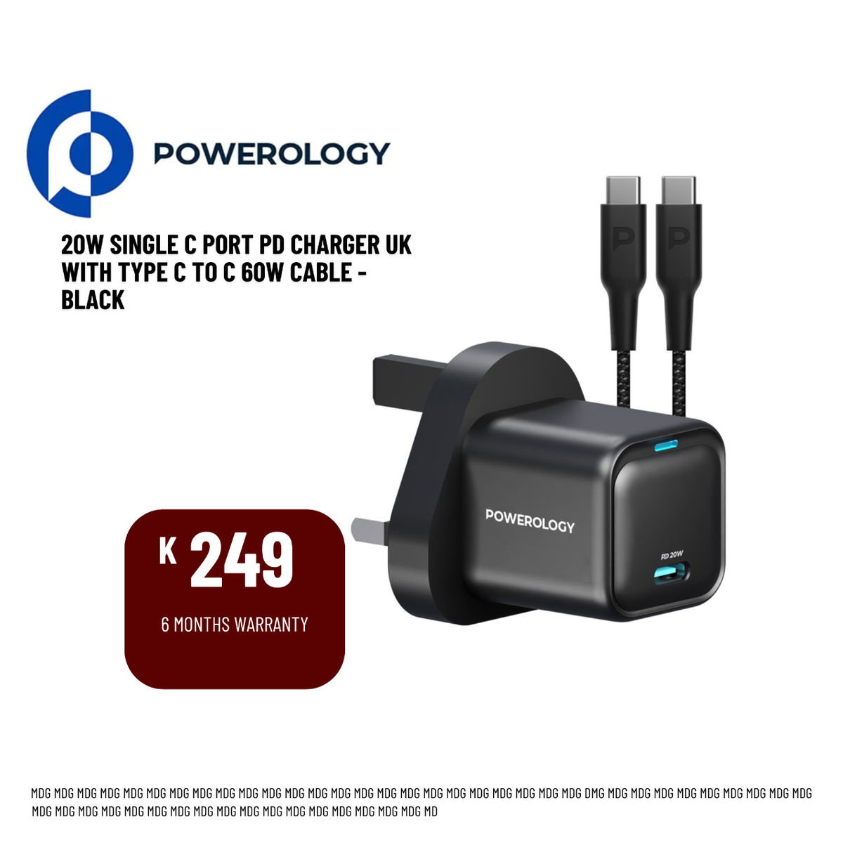 Powerology 20W Single C Port PD Charger UK with Type C to C