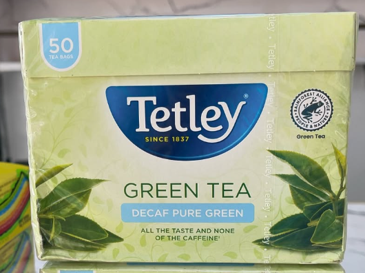 Tetley Decaf Pure Green tea bag, containing 5O tea bags, decaffeinated.