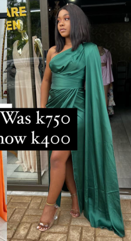 Long green one-shoulder dress
