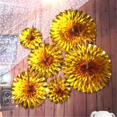 6 Pieces Golden Foil Paper Flower Fans - Golden Paper Rosettes First Birthday Wedding Bridal Shower Fans Mix of 20cm 30cm 40cm
