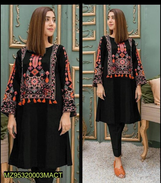 2 Pcs women's Stitched linen embroidery shirt Trouser