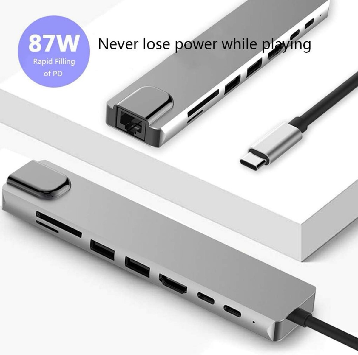 8 en 1 USB-C Hub en Alliage d'aluminium HD 2 USB 3.0 Adaptat