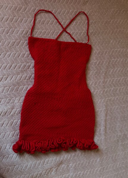 Red crochet dress.