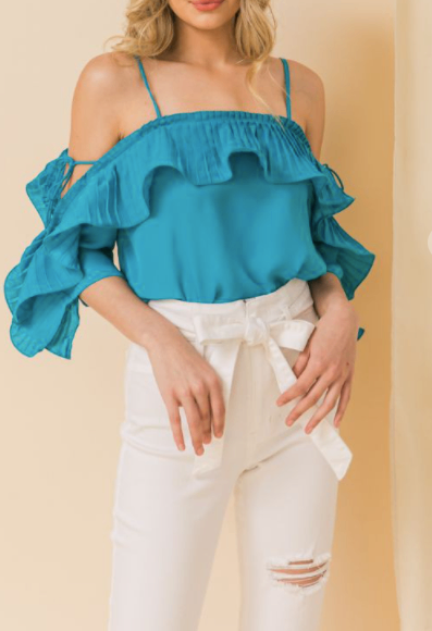 Lopez Light Weight Turquoise Cold Shoulder Ruffled Pleat Top