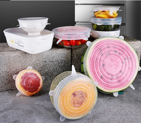 6pcs Reusable Silicone Stretch Cover Lid & 100% Food Grade