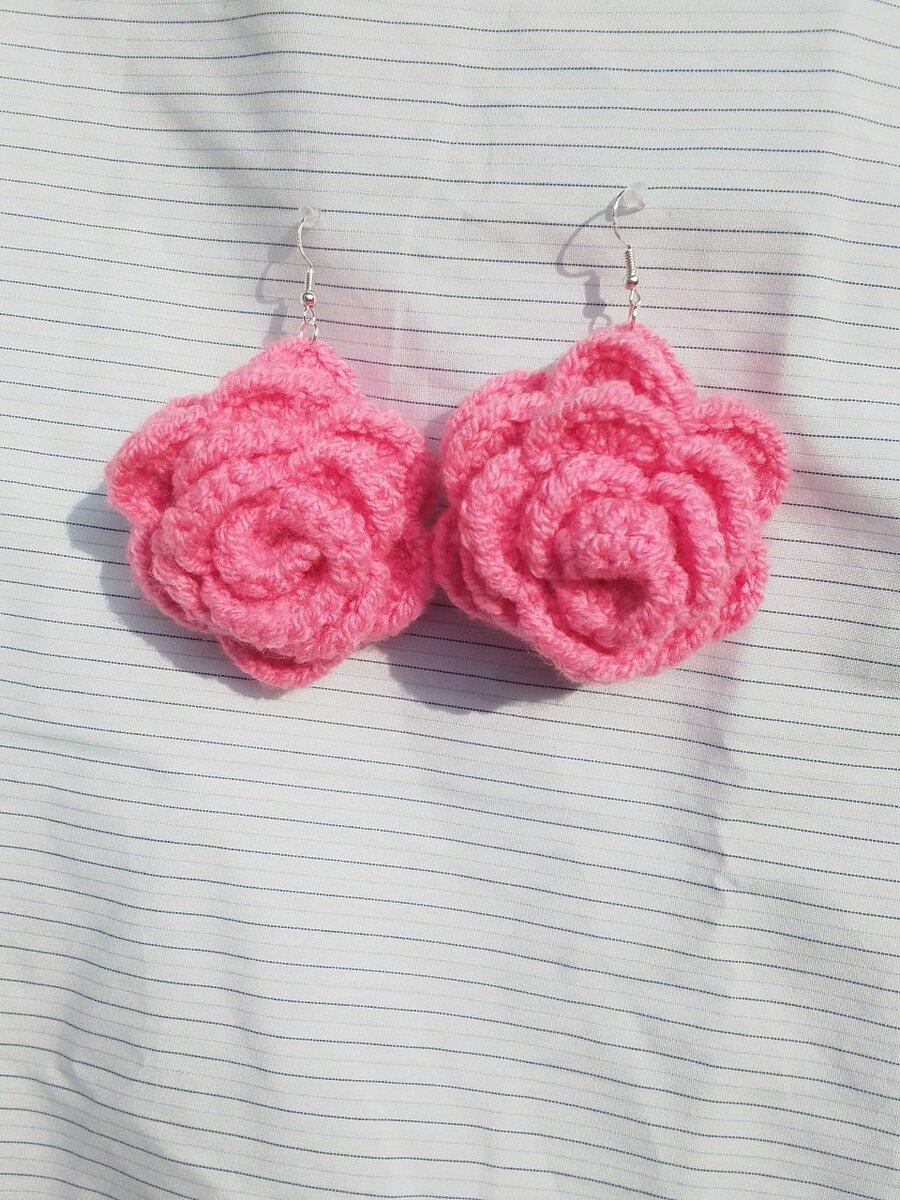 Pink Crochet Rose Earrings