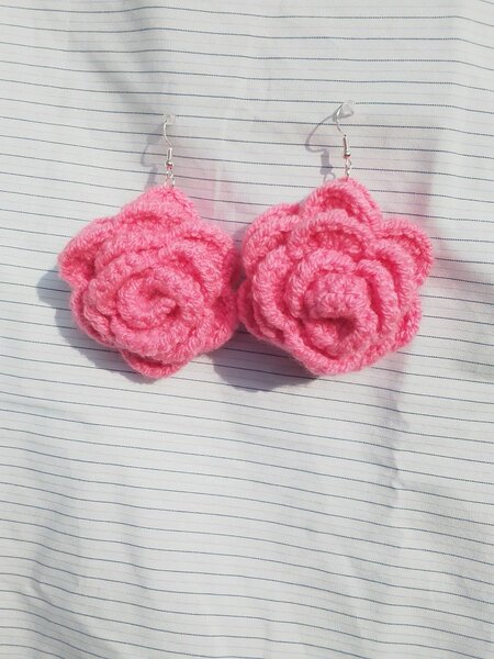 Pink Crochet Rose Earrings
