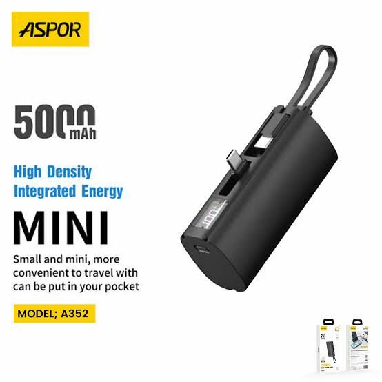 Aspor A352 Mini Power Bank 5000mAh with Built-in Cable
