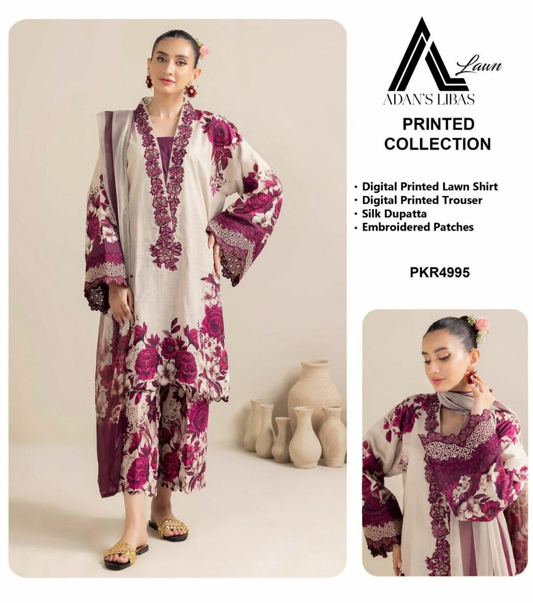 Digital printed lawn &silk  3 pc, dc free
