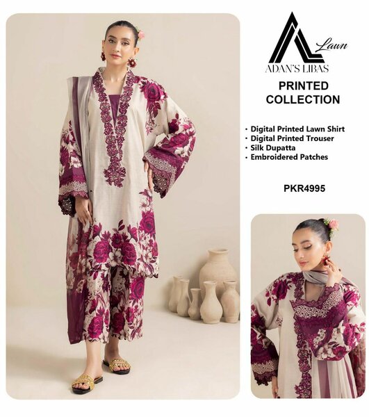 Digital printed lawn &silk  3 pc, dc free