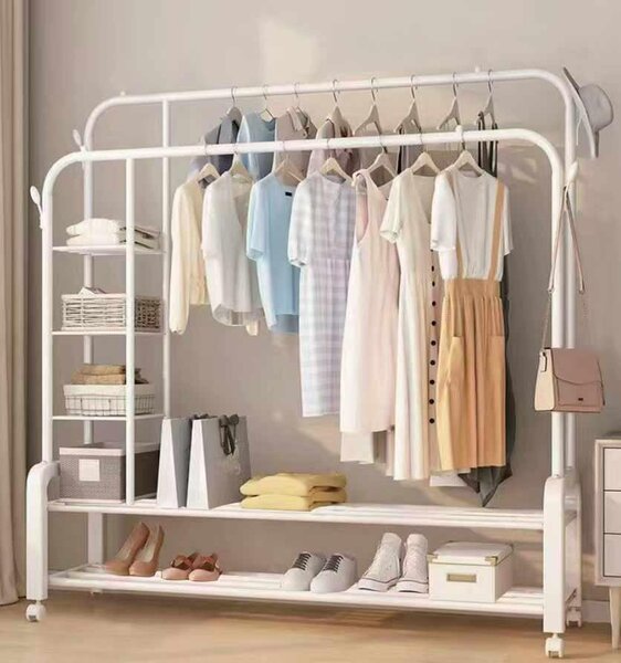 Double metal hanger trolley shelves clothing wardrobe rack