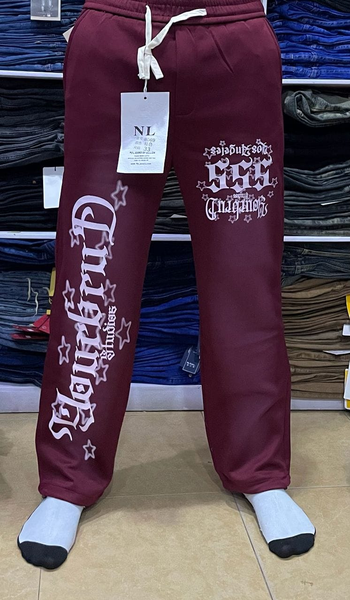 burgundy pants with print