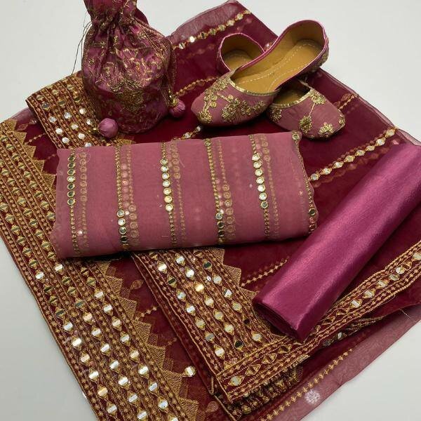 Women unstitched organza mirror work dress