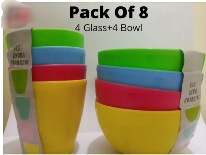Pack of 8- 4 Imported High Quality Unbreakable glass + 4 Imported bowl- Imported plastic / Stylish and Durable Plastic Bowls/Glass Set
