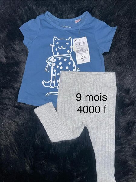 Ensemble T-shirt bleu avec un chaton, leggings gris