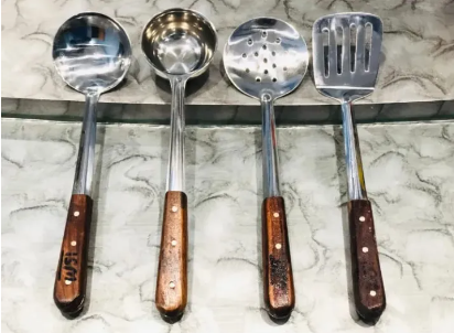 Spoons - Set of 4 plastic Handle Stainless Steel and Wooden Kitchen Cooking Spoons for Stirring Serving Frying Holding Multipurpose Use [pack of 4 27 cm length]