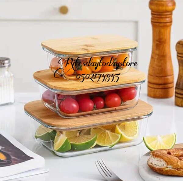 3 set glass bowls with bamboo lids