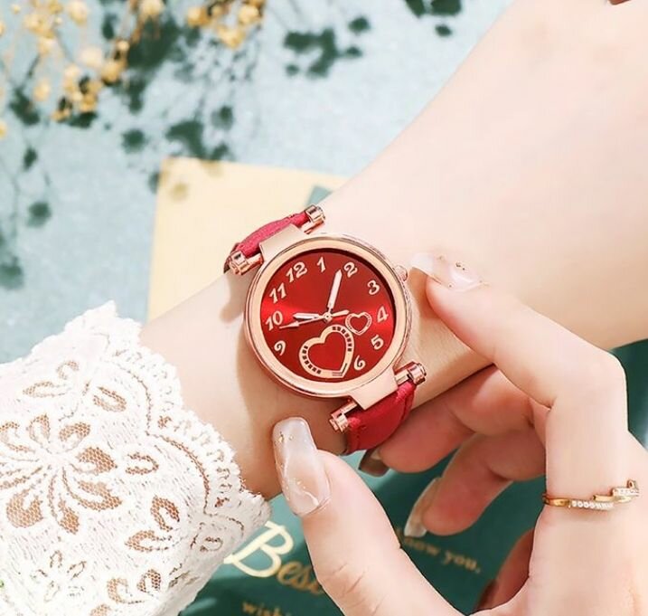 Women Watch Heart Dial Plate Anti-Scratch Faux Leather-Red