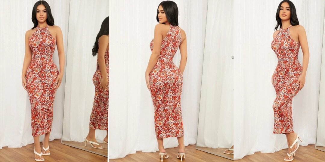 SHEIN SXY Halter Neck Allover Floral Print Bodycon Dress